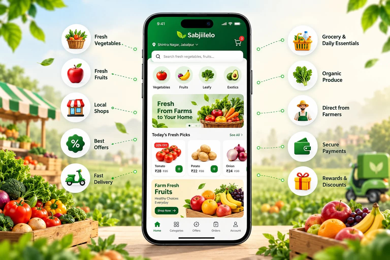 Sabjii Le Lo app showing fresh vegetables, fruits, offers and delivery