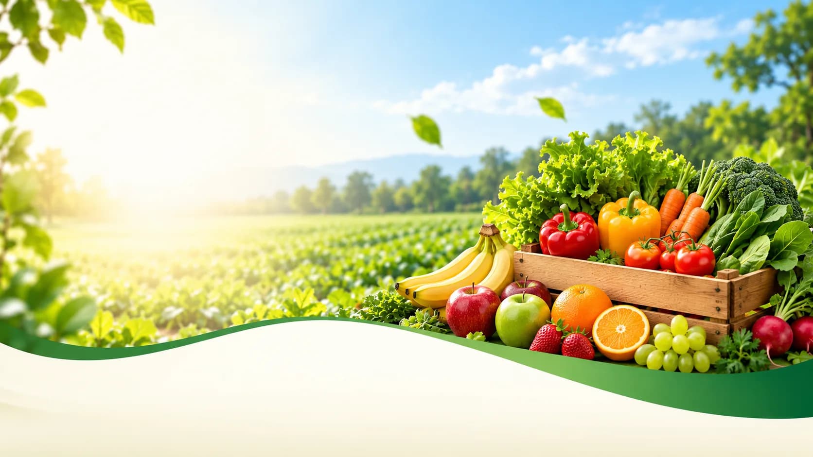 Fresh vegetables and fruits in a wooden crate with a sunlit farm behind